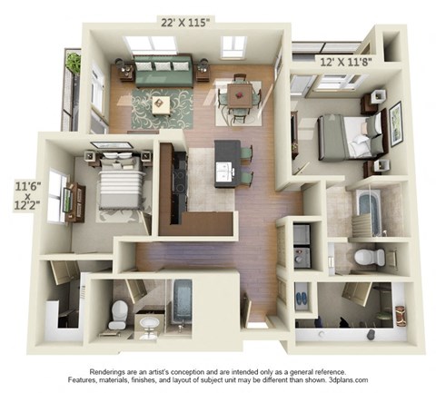 Floor plan for 2 beds, 2 baths, 1277 sqft
